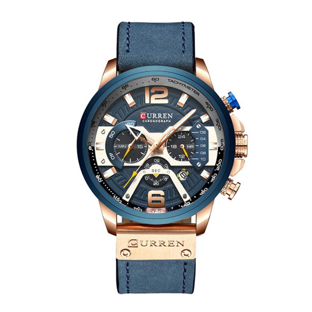 CURREN Orologio da uomo con quadrante con fuso orario multiplo, display con data, cinturino in pelle, orologio al quarzo, marrone 8329, Cinturino