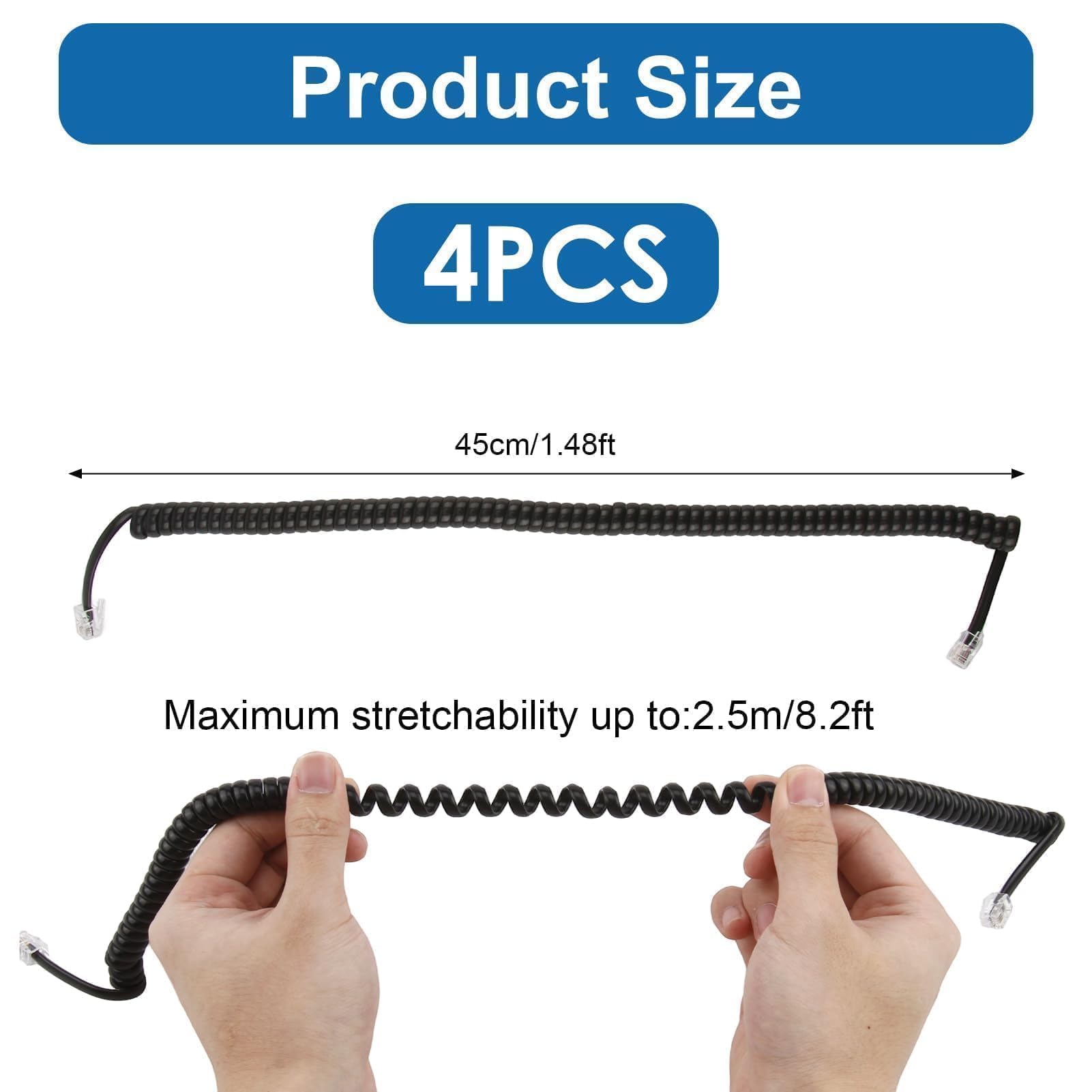 4 Pièces Cable Telephonique, 2.5M Combiné Téléphonique Câble Spiralé Cable Telephone Fixe 4P4C Cordon Fixe avec Prise Noir RJ9 pour Bureau à Domicile Téléphones Fixes AT&T Cisco NEC ROLM ITT TI