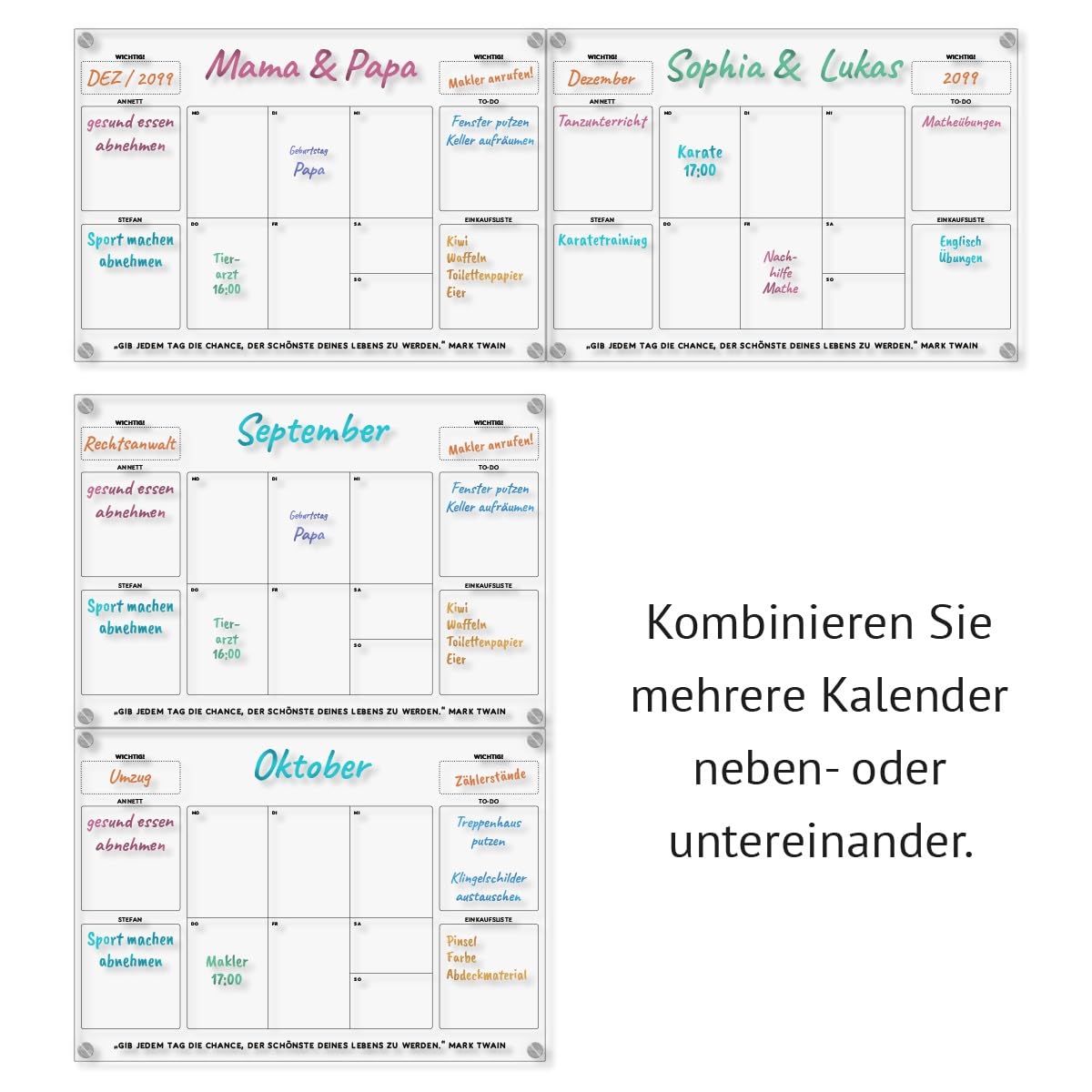Personalisierter Acrylglas Wandkalender - Familien Wochenplaner abwischbar DIN A3, A2 oder A1 XXL wählbar inkl. Montagematerial und Edelstahl Abstandhalter, langlebig, klarer UV-Druck