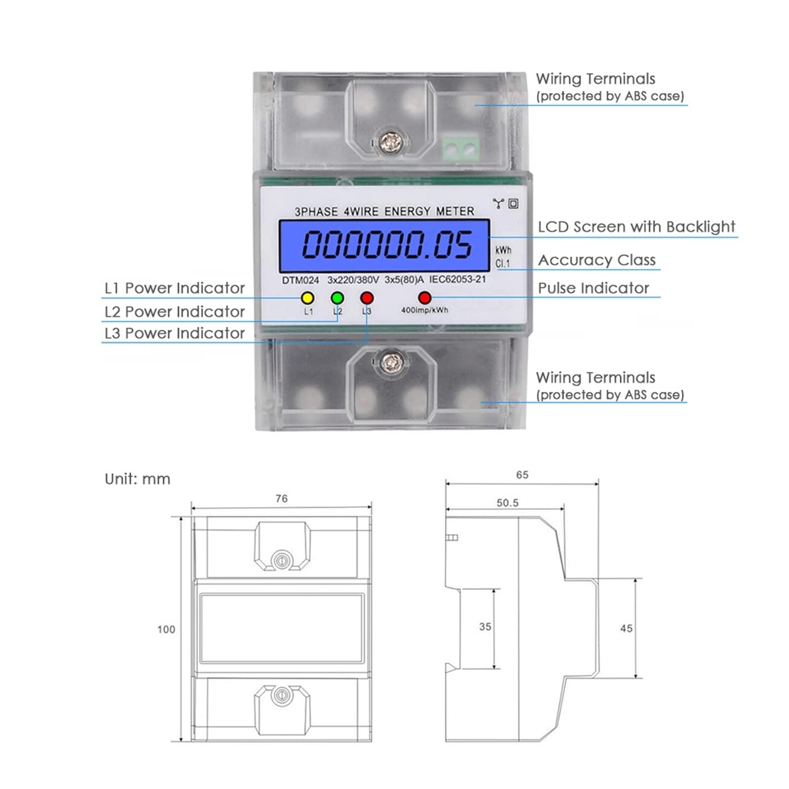 Monitor energii 3-fazowy 4-przewodowy miernik energii 5-80A Zużycie energii Miernik kWh Instalacja szyny DIN Cyfrowy miernik energii elektrycznej (kolor: przezroczysty wewnętrzny6out10, rozmiar: Typ)