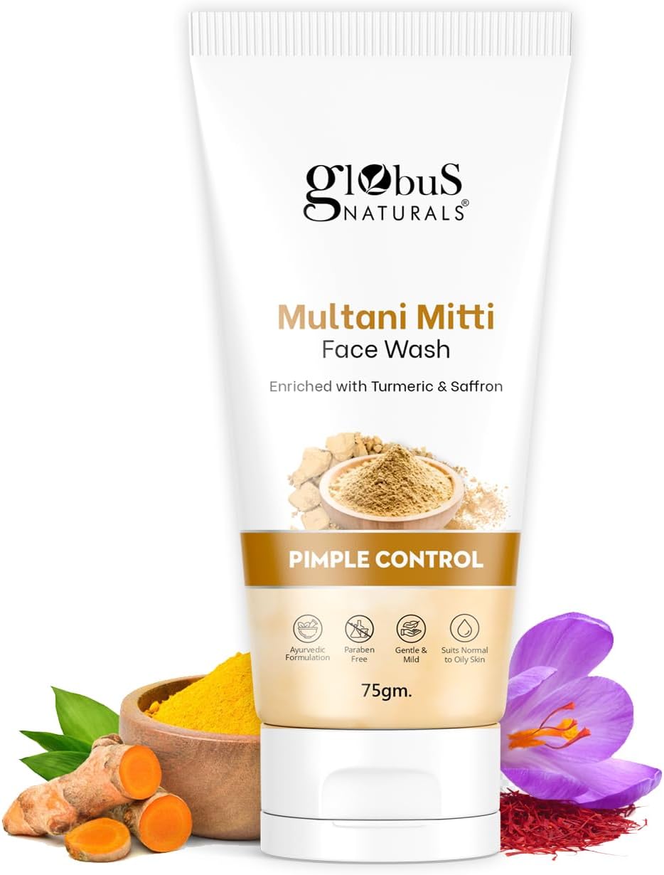 Globus Naturals Multani Mitti Face Wash, Enriched With Turmeric & Saffron, For Pimple Control, Suitable For Oily & Acne Prone Skin, 75 gm
