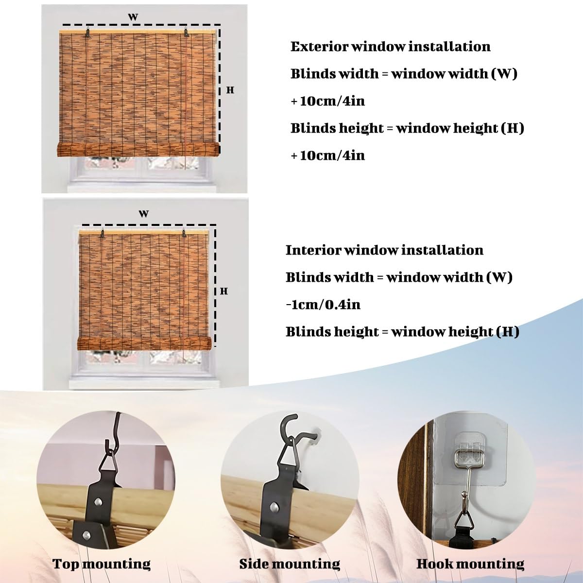 Bambusrollo Outdoor Wetterfest, Sonnenschutz Sichtschutz Bambus Rollo 60 70 80 90 100 125 130 140 150 160 170 160cm, Breit Fenster Rollo mit Haken, Retro Natur Schilf Vorhang(W140 cm x H180 cm)