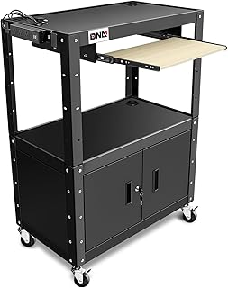 Steel AV Cart with Extra Storage Cabinet, 30.8" x 18" x 22"-42" Height Adjustable Rolling Projector Utility Cart, TOOLS-00293