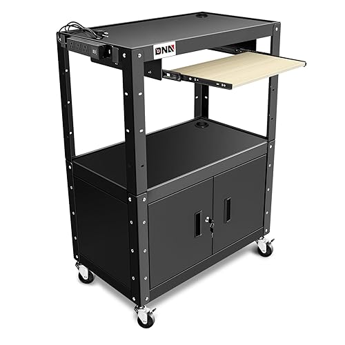 DNA Motoring Carrito AV de acero con gabinete de almacenamiento adicional, 30.8" x 18" x 22"-42" carrito utilitario rodante para proyector de altura