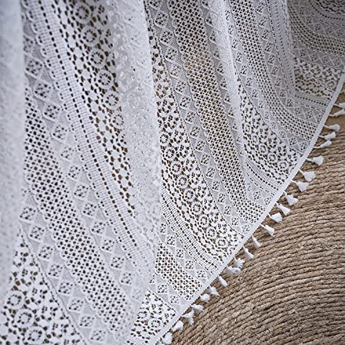 Setabeck Boho Sheer Lace Valance Tier Curtain Crochet Vintage With Handmade Macrame Tassel Knitted Window Treatment Drape For Bedroom Living Room Kitchen (1 Panel Crochet White, 59"X 36") #TOP2