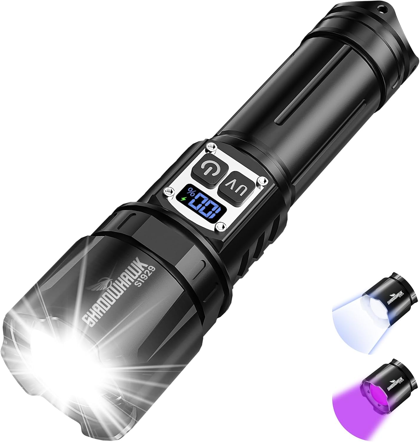 Shadowhawk Taschenlampe LED Aufladbar mit UV Schwarzlicht | Extrem Hell 1000000 Lumen, 2 Schalter & Stufenlos Dimmbare Taktische Taschenlampen, Zoombar Handlampe für Outdoor/Notfäll, Bequeme Bedienung