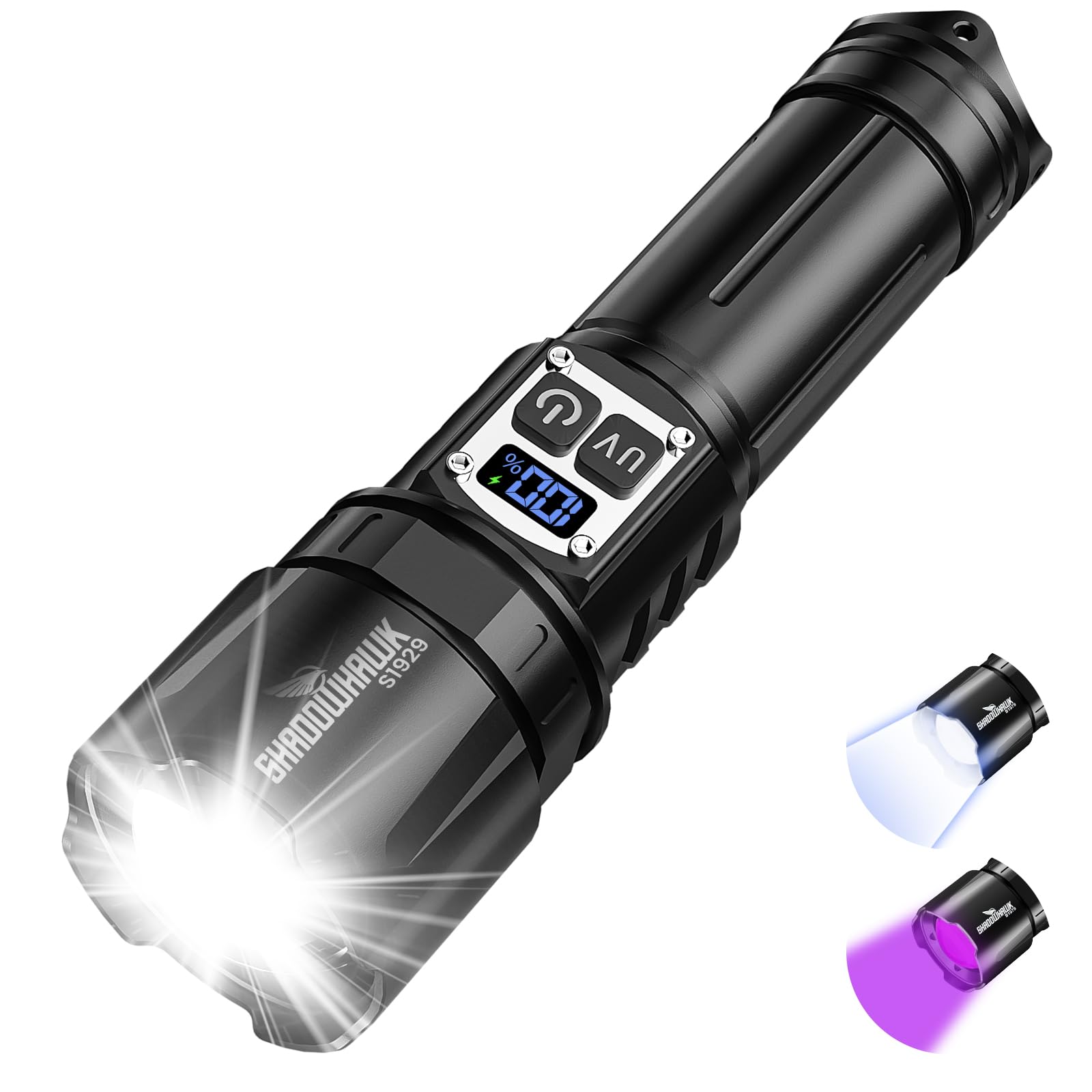 Shadowhawk 2-IN-1 Taschenlampe LED Aufladbar mit UV Schwarzlicht | Extrem Hell 1000000 Lumen, 2 Schalter & Stufenlos Dimmbare Taktische Taschenlampen, Zoombar Handlampe für Outdoor, Notfäll