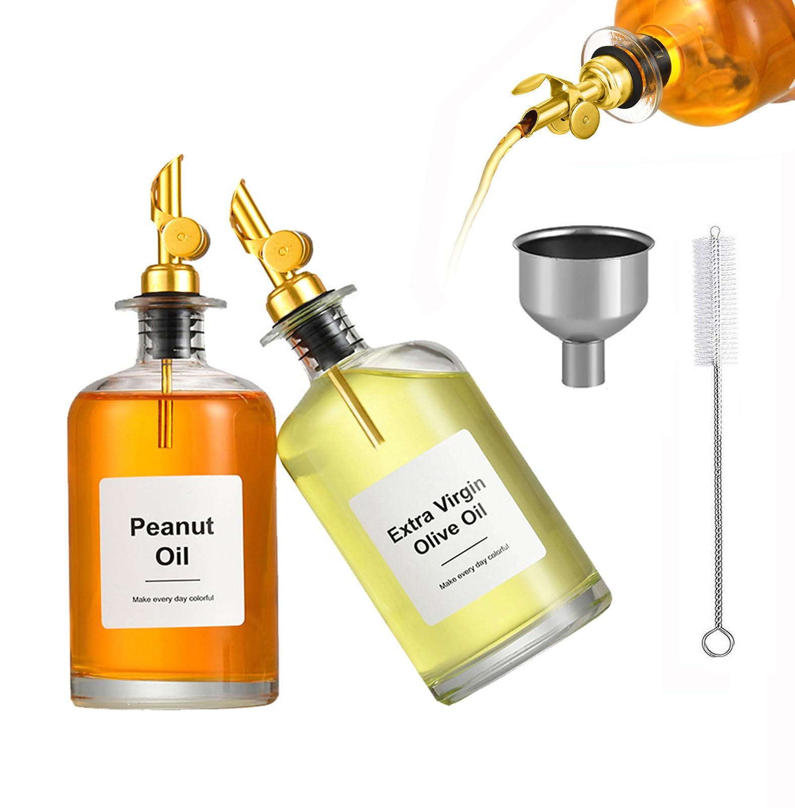 WAFJAMF Olive Oil Dispenser Bottle Set For Kitchen, Glass Cooking Oil Bottle Dispenser with Weighted Pourers, Funnel, Pourer Cleaning Brush, Lables, 11.8 oz/350 ml, Set of 2 (Gold-350ml,Set of 2)