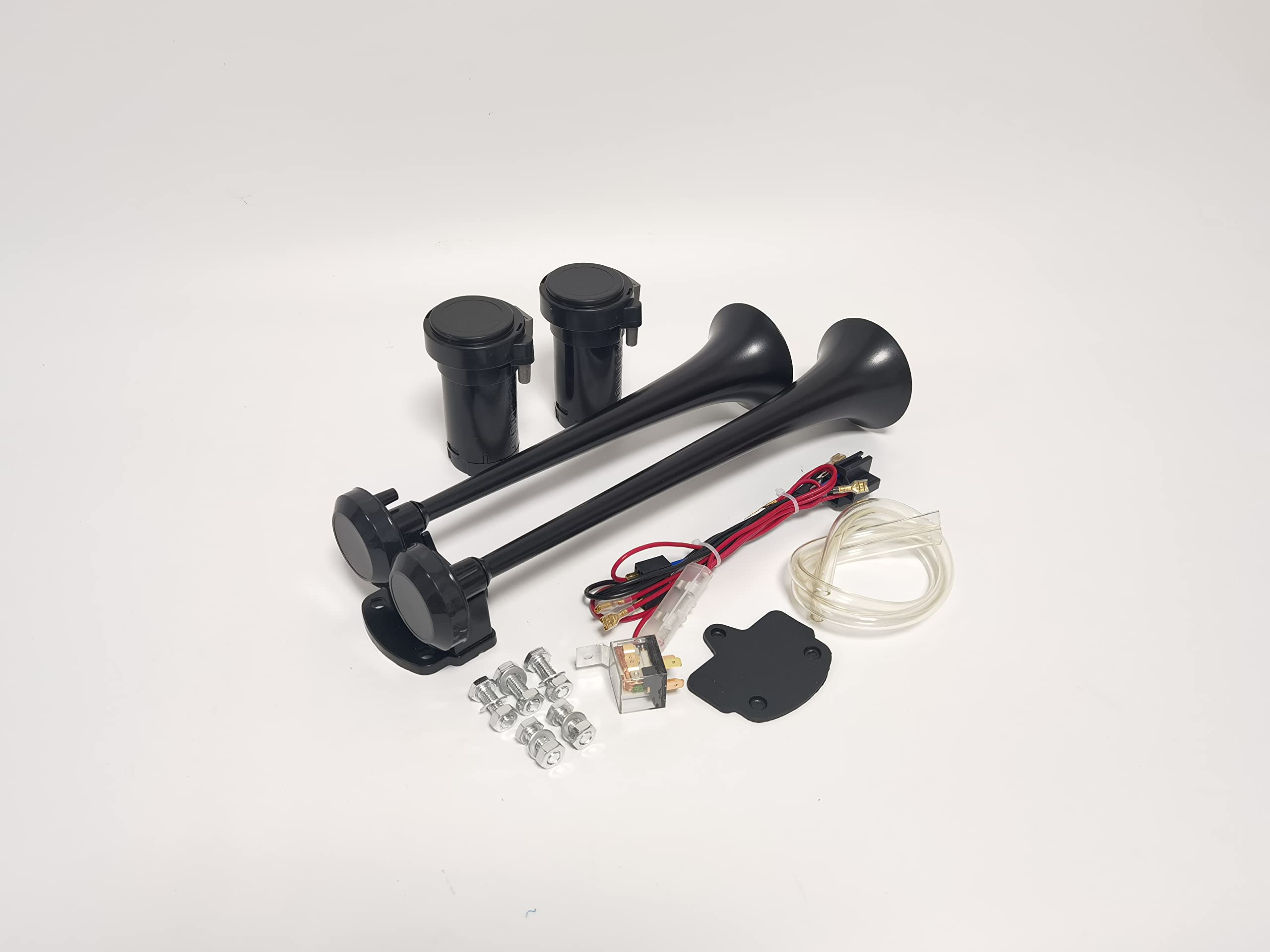Klaxon Pneumatique 165db Chrome Zinc Noir Double Tube Trompette 24V pour Camion, Bateau, SUV - Tonalité Haute et Basse avec Deux Pompes à Air