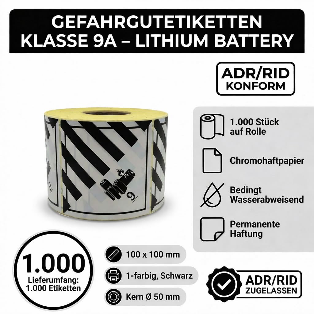 Rouleau de 1000 étiquettes ADR pour marchandises dangereuses - Classe 9A - Batterie au lithium - 100 x 100 mm