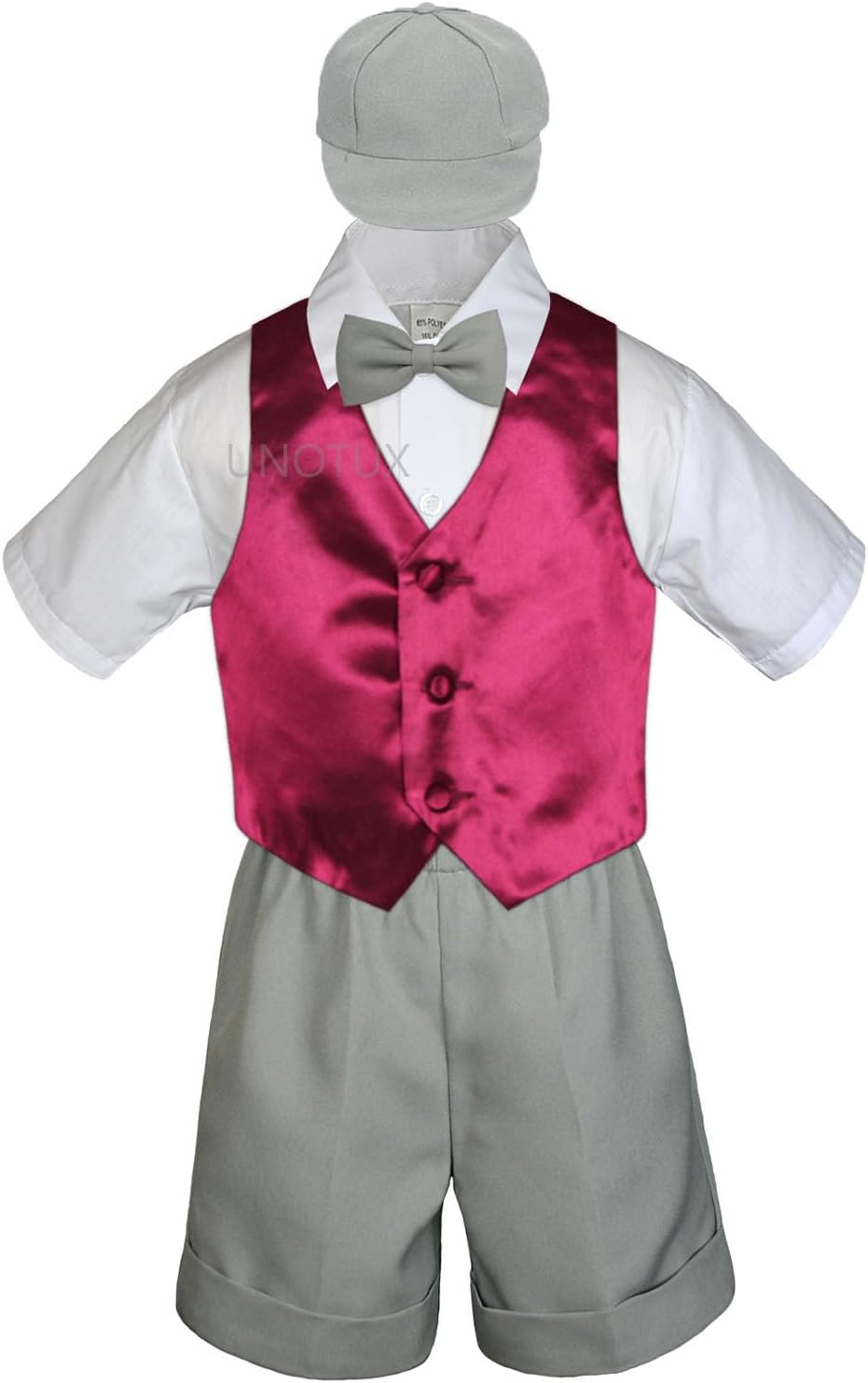 Baby Toddler Boy Formal Summer Event Suit Gray Shorts Shirt Hat Vest Set Sm-4T (Extra Large (18-24 Months), Burgundy)