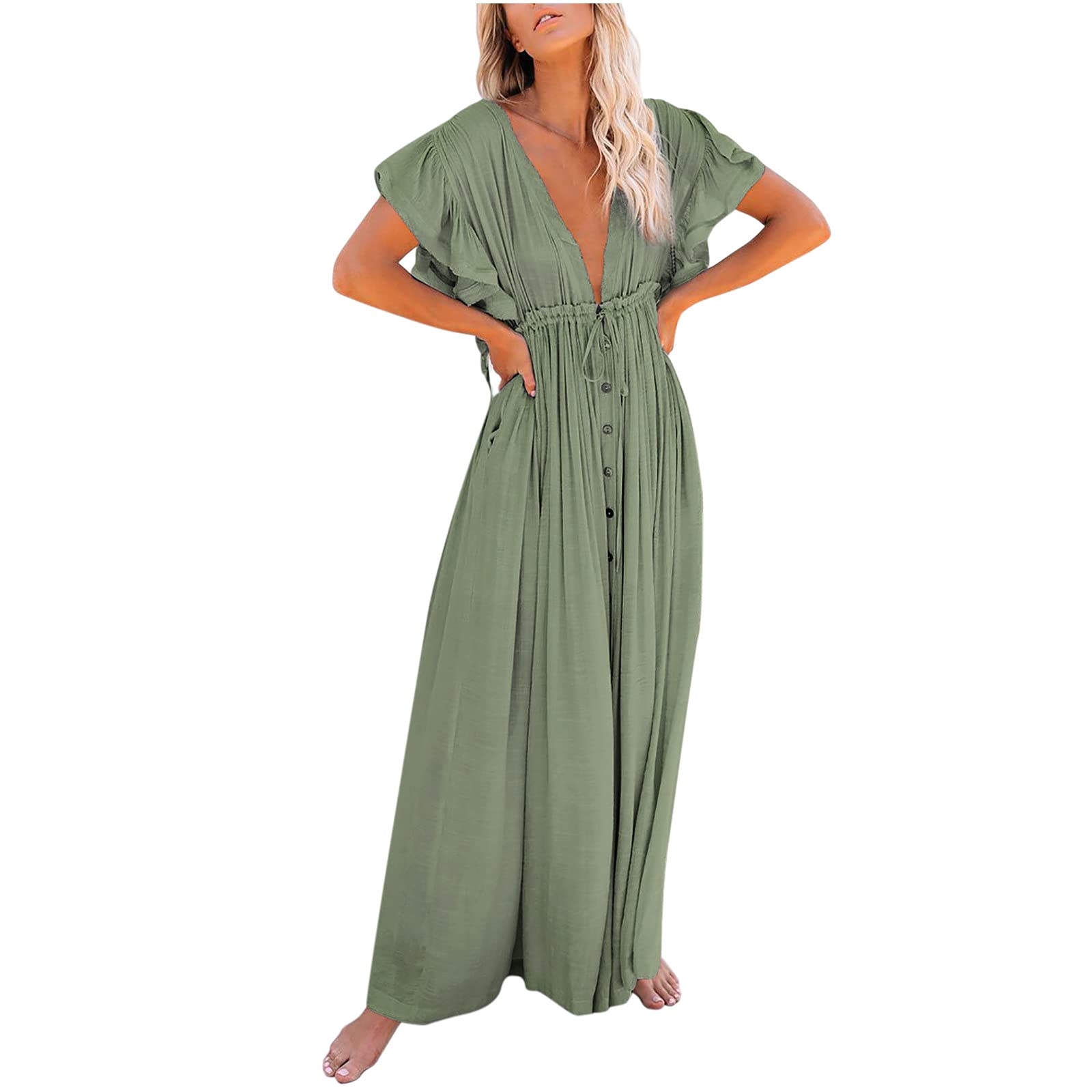 Damski długi plażowy kimono, kardigan z przodu, guziki, bikini, strój kąpielowy okrycie ze sznurkiem, damskie okrycie z frędzlami, wykończenie z paskiem, midi, długość do kostki, dekolt w serek