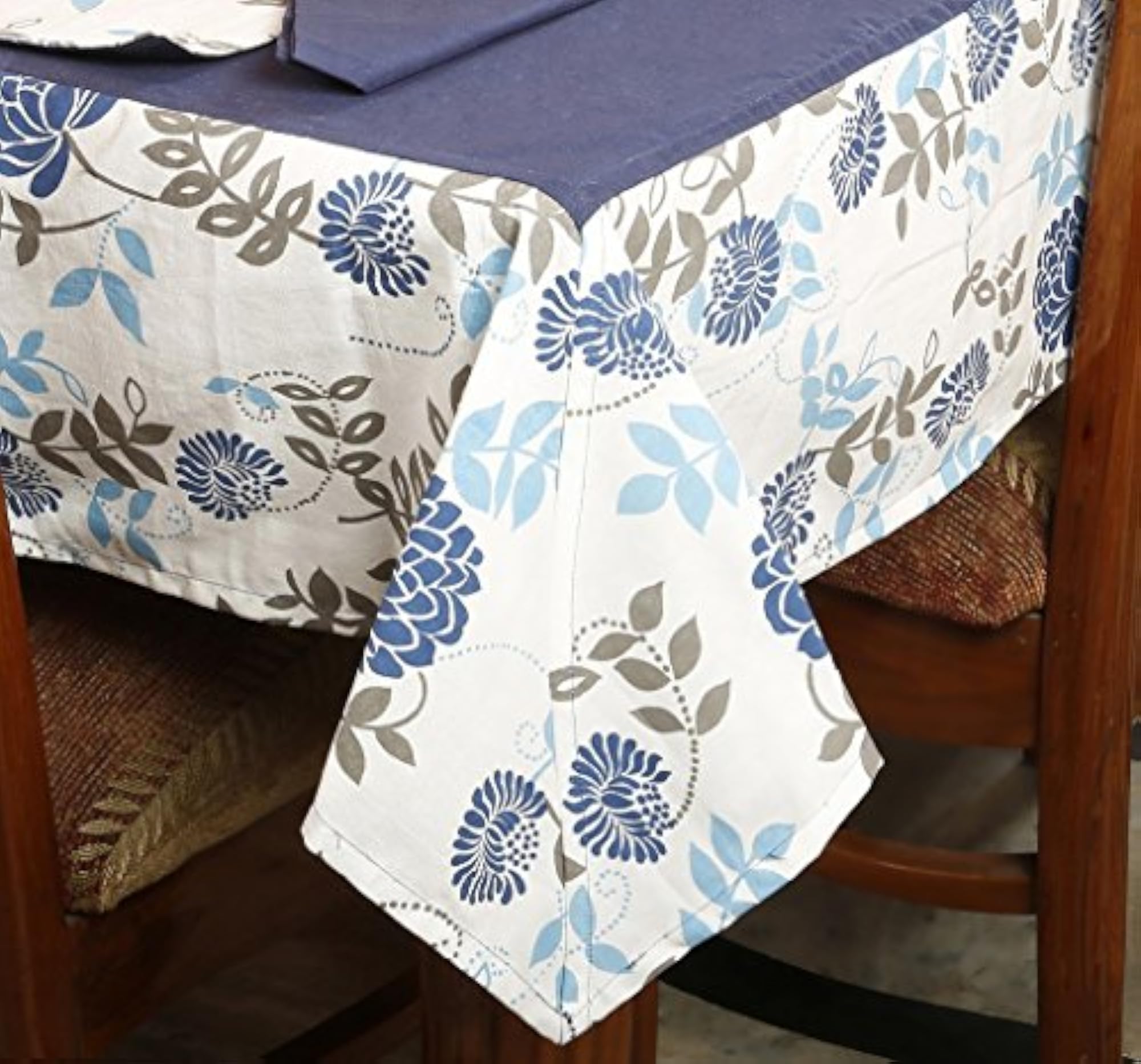 Floral Printed Blue Rectangle Table Cover for 8 Seater Dining Table