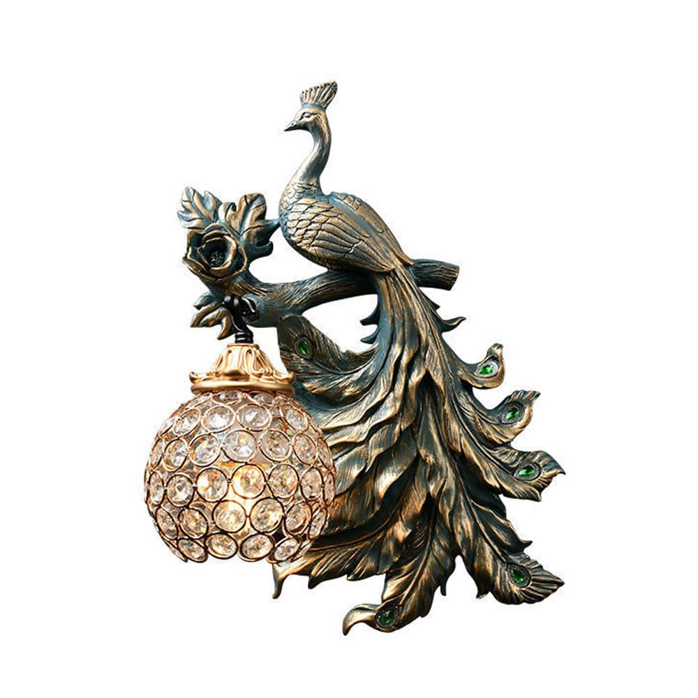 HYJAUSXB Wall Sconces Indoor Peacock Animal Light Fixture with Crystal Globe Shade Retro Antique Art Decor Lamp for Living Room Hallway