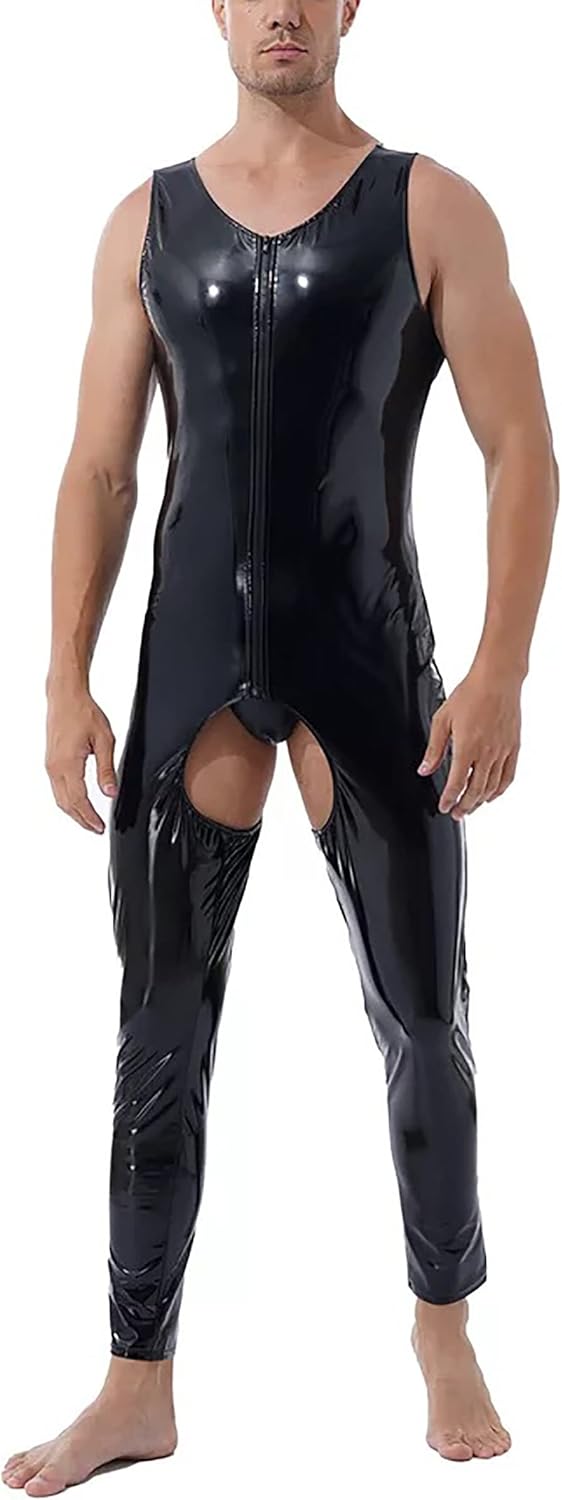 Panegy Men's Faux PU Leather Jumpsuit Shiny Leather Bodysuit Pole Dance Leotard Adult Onesie Singlet - Amazon product rated Grade A