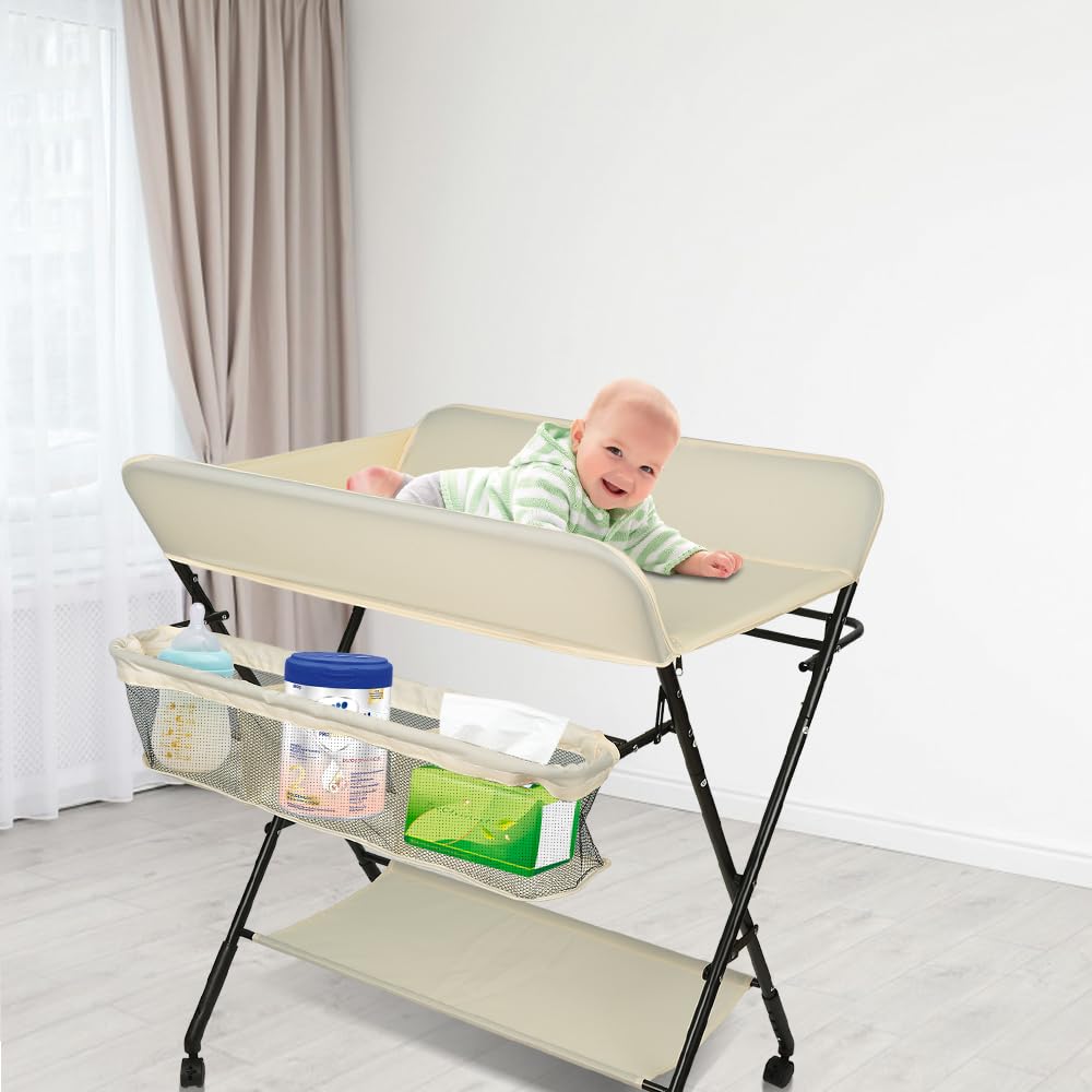 Homewell - Cambiador plegable para bebé con cesta de almacenamiento y 4 ruedas, ajustable en altura, para recién nacidos y bebés, 80 x 66 x 92/95/98 cm