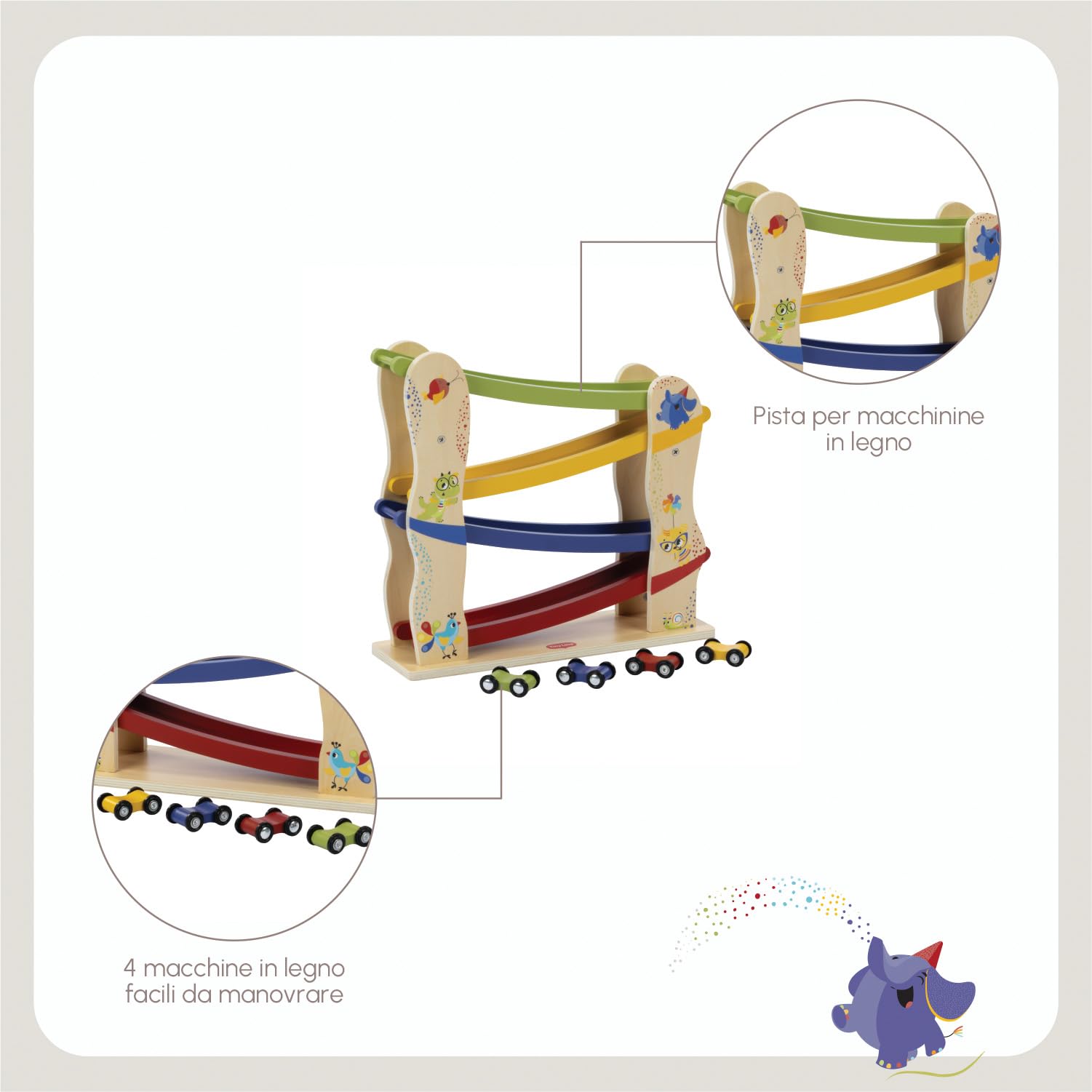Tiny Love Pista Macchinine Legno, Piste Macchinine per Bambini con 4 Macchinine in Legno, Capacità Motorie Fini, Sviluppo Cognitivo, Design Naturale, 18+ Mesi, Collezione Born To Party