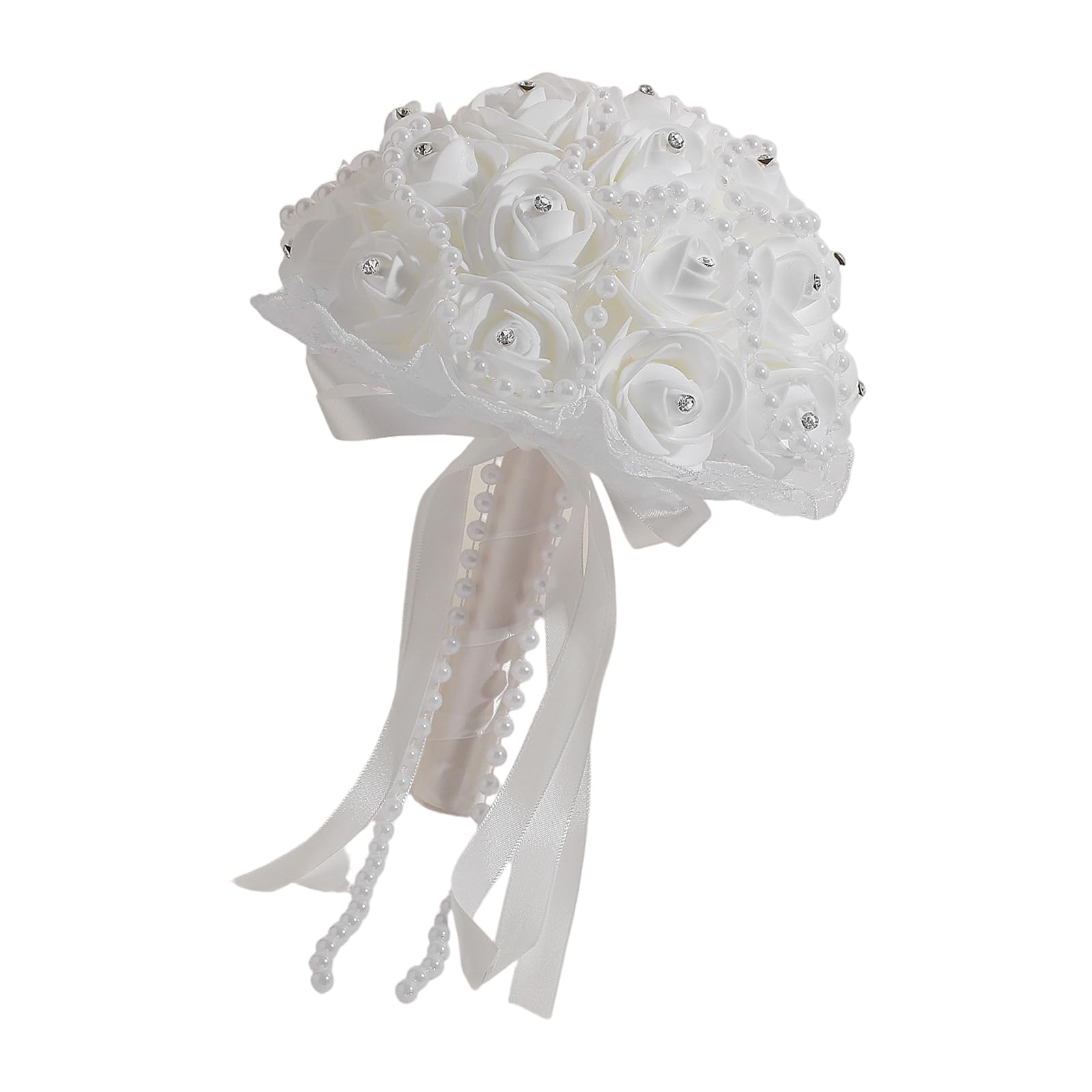 Buxuaaaa Crystal Pearls Studs Wedding Bride Bouquet for Photoshoots and Wedding Ceremony Anniversary Special Occasion Decoration Artificial Flower Bouquet