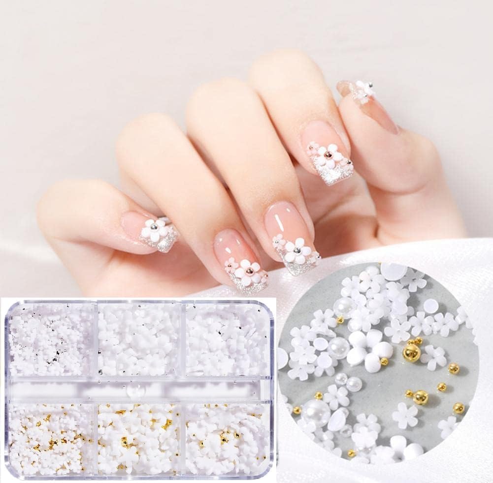 Kreni 6 Grid Flowers Acrylic 3D Floral Charms Glitter White Flower With Gold Silver Ball Beads and Resin Flowers for Nail Art Decoration & DIY Crafting Design-image-39