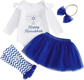 Baby Girl Hanukkah Outfit Long Sleeve Romper Tulle Skirt Headband Leg Warmers Set Newborn Chanukah Clothes