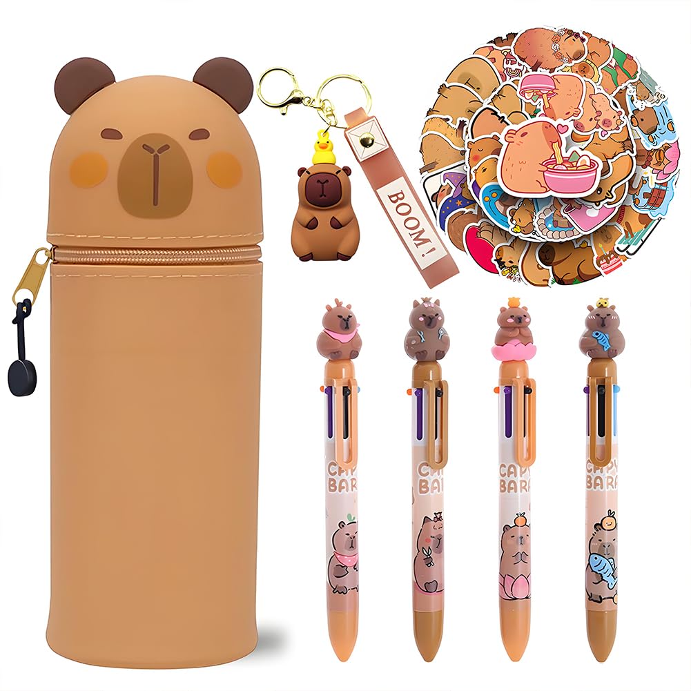 CYGMRFH Capybara Silicone Pencil Case Set Retractable Cute Cartoon Animals Foldable 2-in-1 Pouch Colored Pencil Keychain and Sticker Set Pen Holder with Keychain Pen Stickers Study Supplies Gift