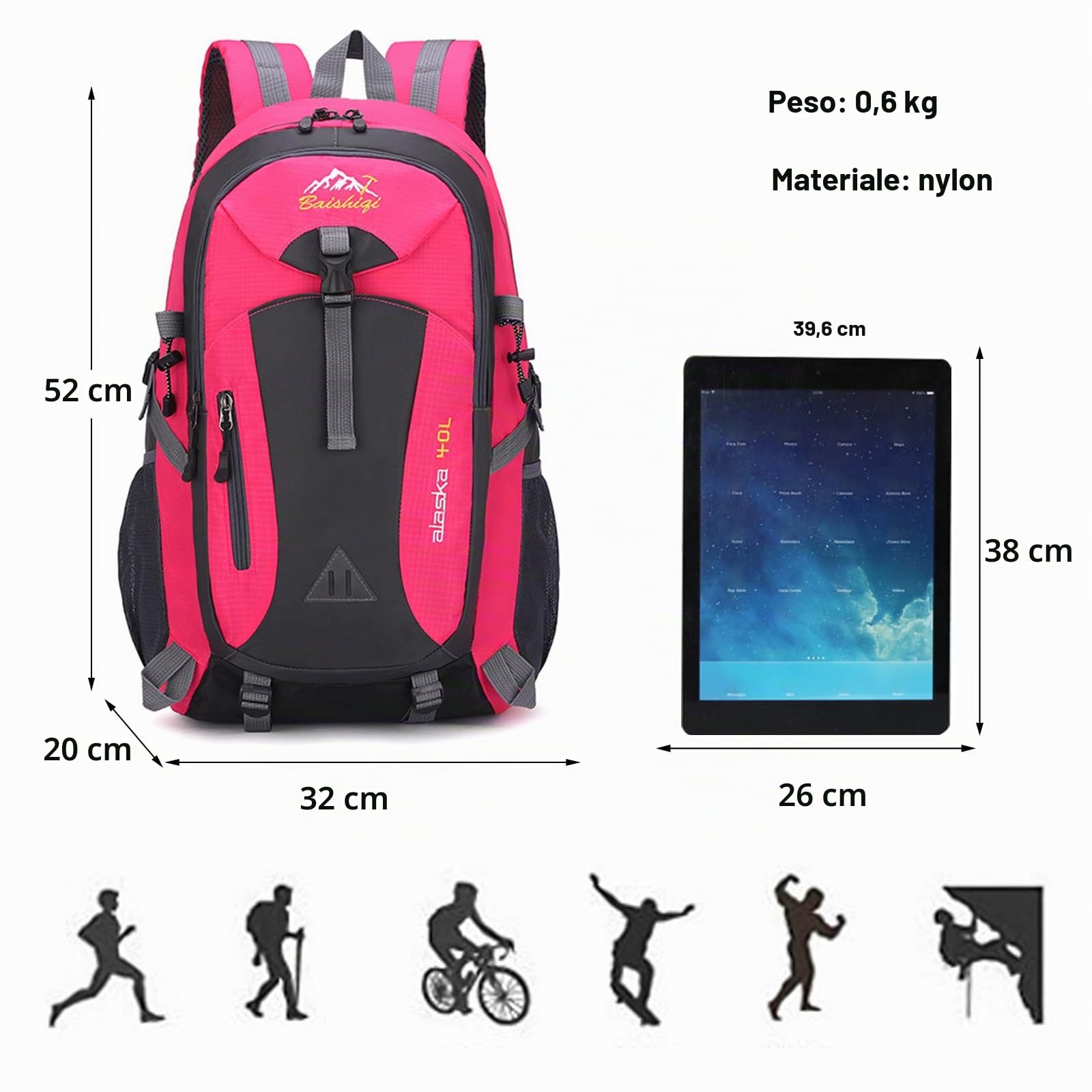 Zaino da Trekking Zaino Impermeabile 40L Zaini con Foro per Auricolare Hiking Backpack per Donna Uomo Campeggio Arrampicata Viaggio Sport Rosso Rosa