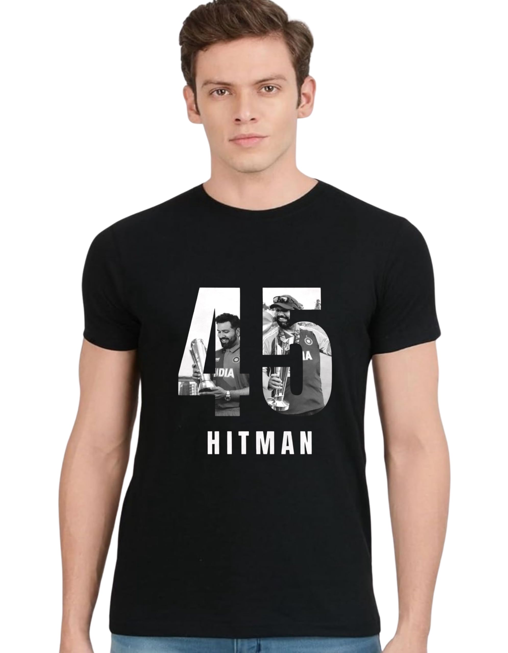 Rohit Sharma 45 Hitman Printed Black Regular Fit T-Shirt for Cricket Fans-image-7