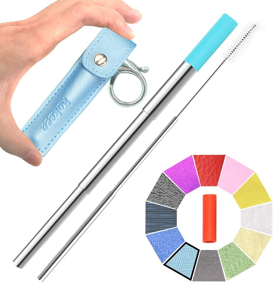 Hokeea Portable Reusable Drinking Straws - Telescopic Stainless Steel Metal Straw with Leather Case & Keychain & Cleaning Brush & Silicon Tip(Sky Blue)