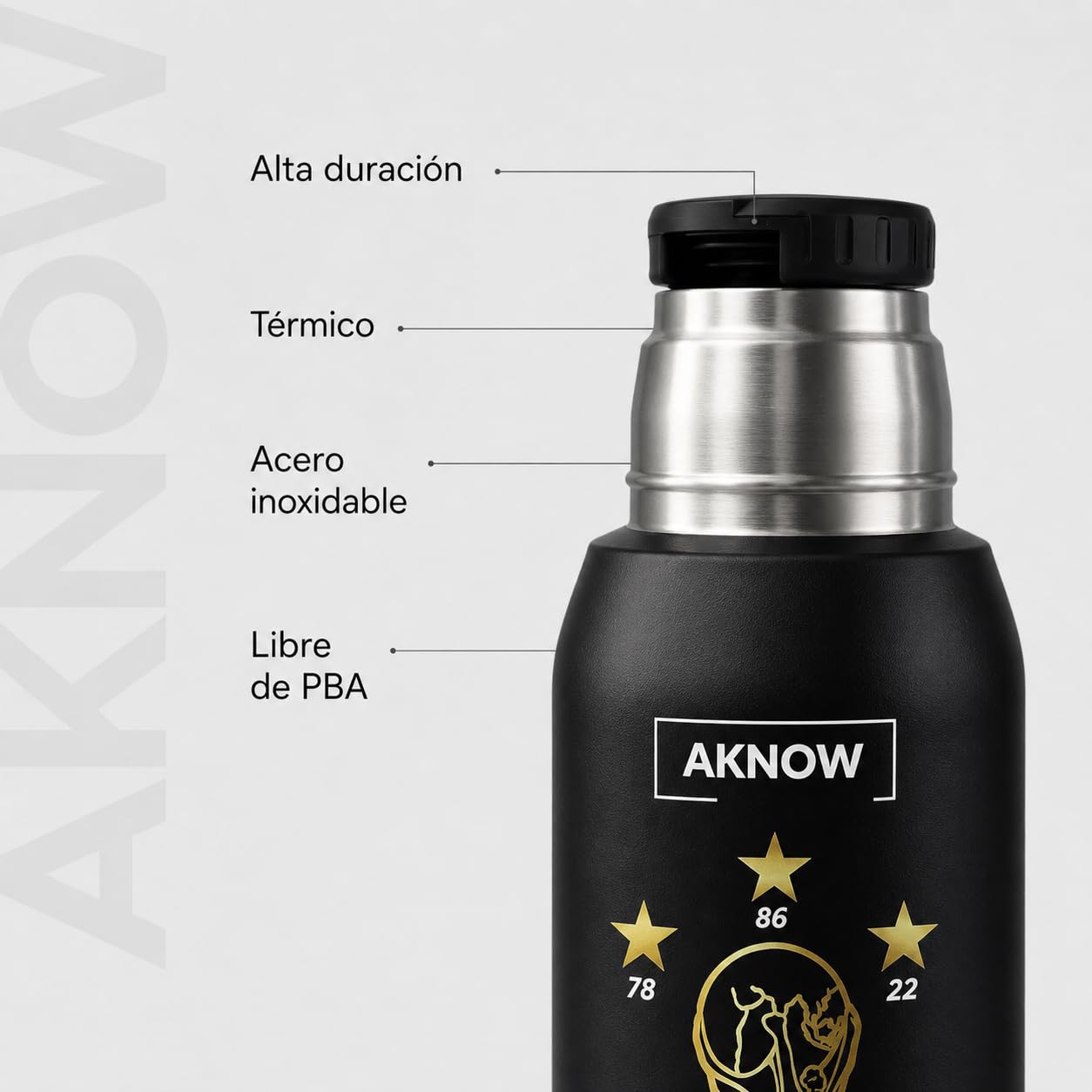 Thermo Argentino Mate Water World Cup Botella de acero inoxidable con bandera argentina 1LT (negro)