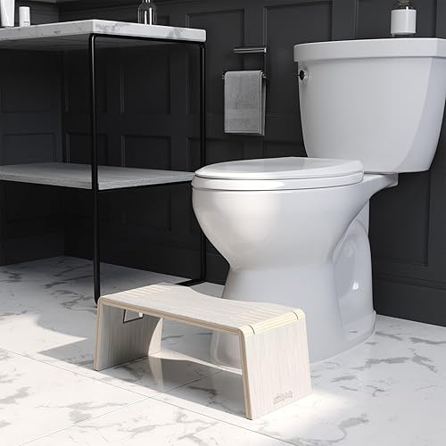 Vista 29 de Squatty Potty Oslo Taburete plegable de bambú – 7 pulgadas, taburete de baño plegable para niños y adultos – marrón, portátil y ahorro de espacio