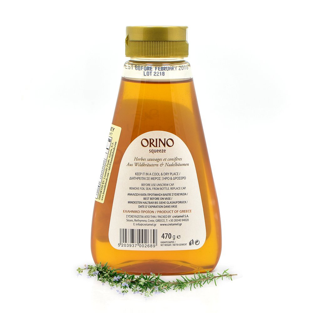 Greek Honey (Orino) from herbs and coniferous trees of Cretan mountains - Squeeze Bottle 470g (2 Pounds) - Pack of 2