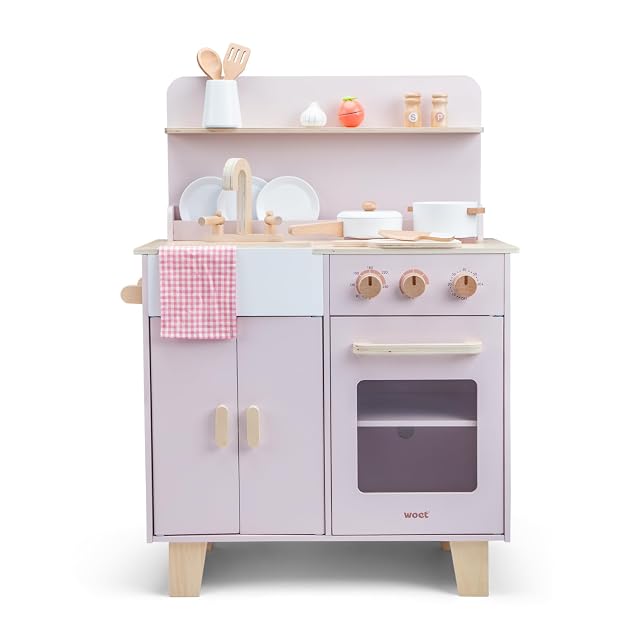 Woet Cocina de madera con horno y 16 accesorios, rosa