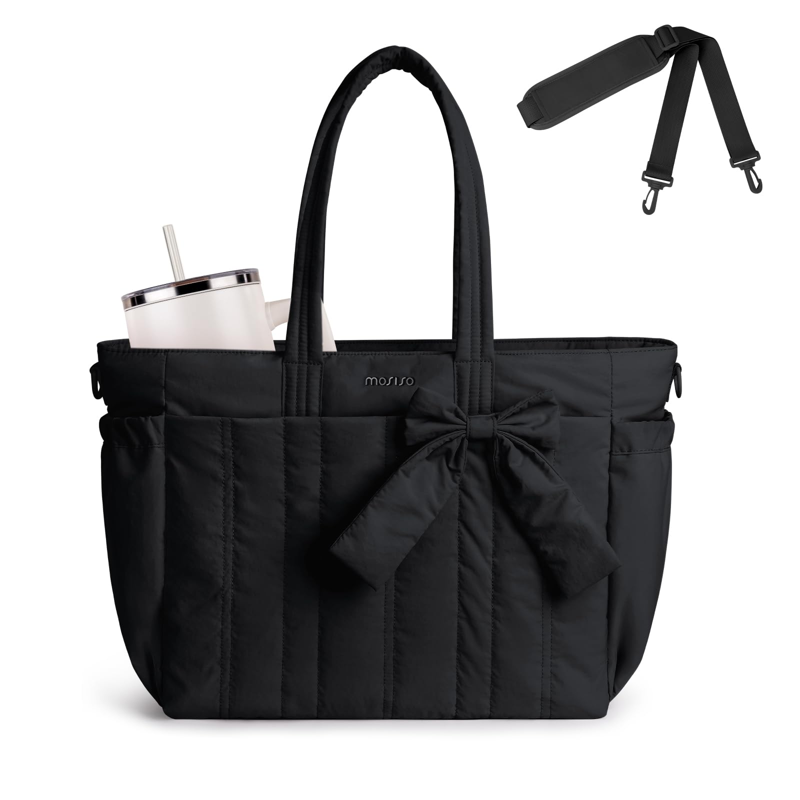 MOSISO Borsa Tracolla Fiocco Donna,15.6 pollici Borsa Tracolla Grande,Borsa Mano,Borse Shoulder per Scuola Lavoro Viaggi Palestra,Borse Shoulder Leggera con Scomparti Laptop,Fiocco&Tracolle, Nero