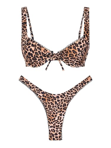 seamoly Gingham Ruched Bowknot Decor High Cut Bikini Set - Coffee-01 - X-Small
