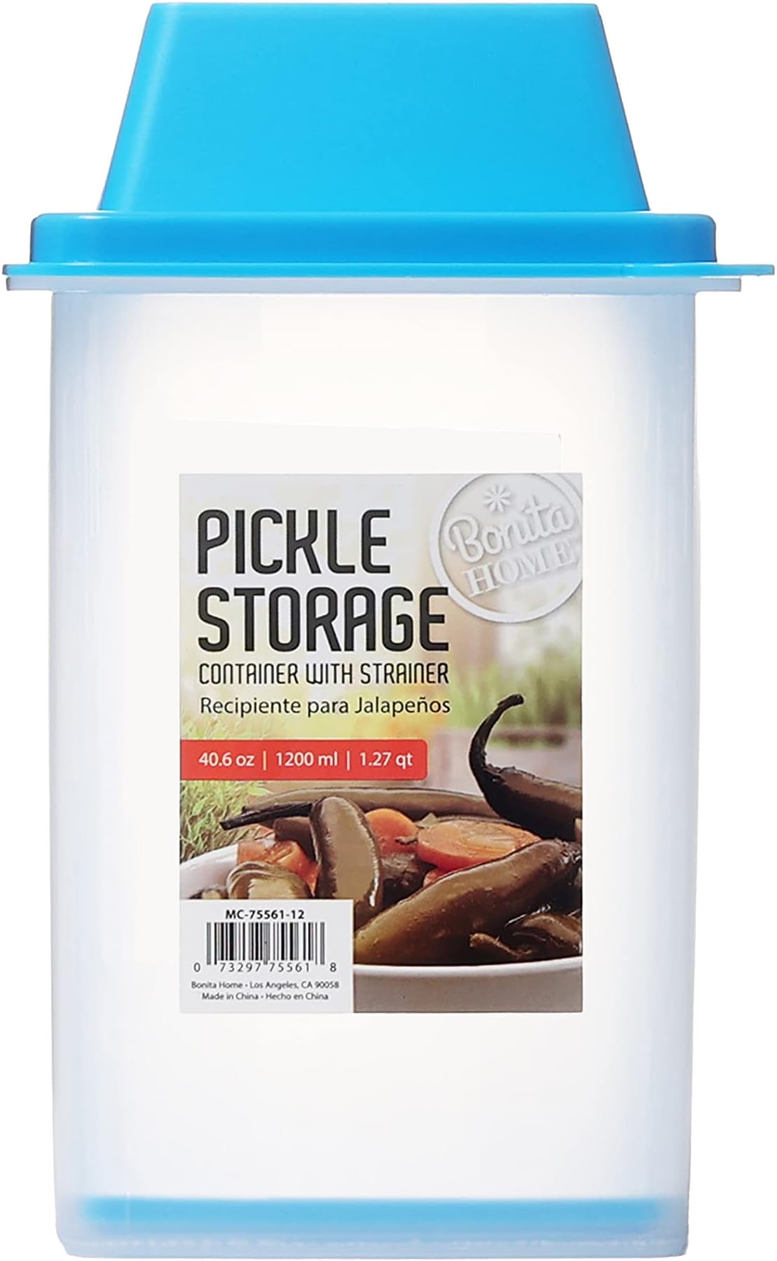 Pickle Storage Container with Strainer | Lift, Drain and Store Condiment Food Saver Jar with Snap Lid | 40.6 oz, 7.5" H x 4.25" W x 4.25" L (Blue)