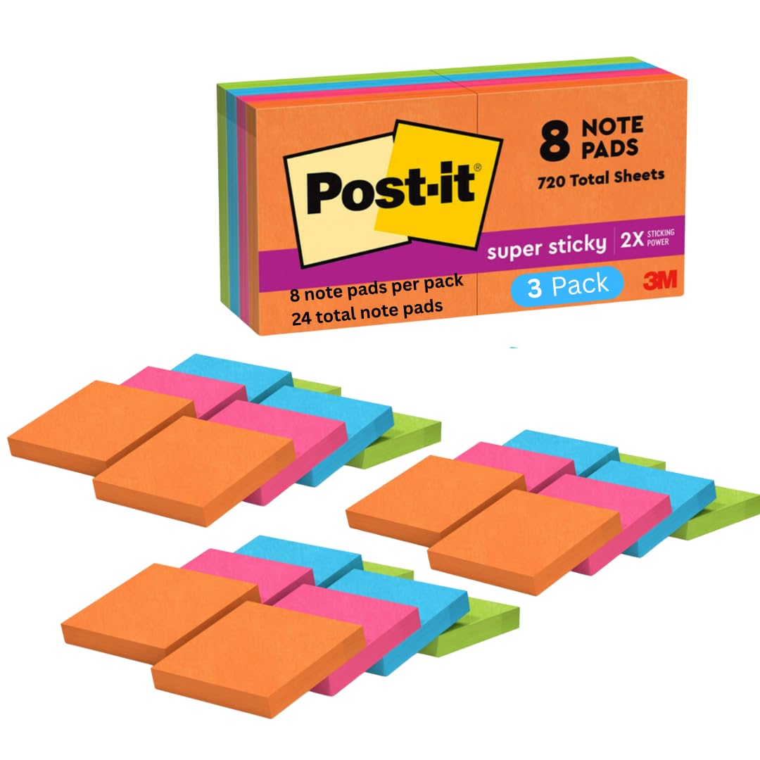 Post-it Super Haftnotizen, 4,8 x 4,8 cm, Energy Boost, 3 Stück | 8 Haftnotizblöcke, insgesamt 24 Stück, für Schulbedarf, Büroprodukte
