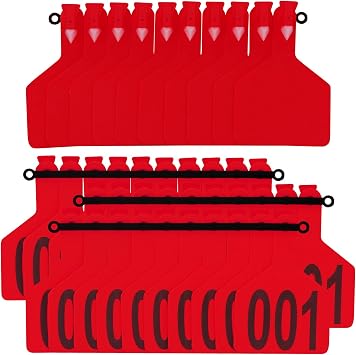 50Pcs Tags One-Piece TPU Large Size Cattle Ear Tags 001-050 Number Livestock Animal for Cattle Cows Pigs Goats Sheep Calf Animal Identification Tag Red