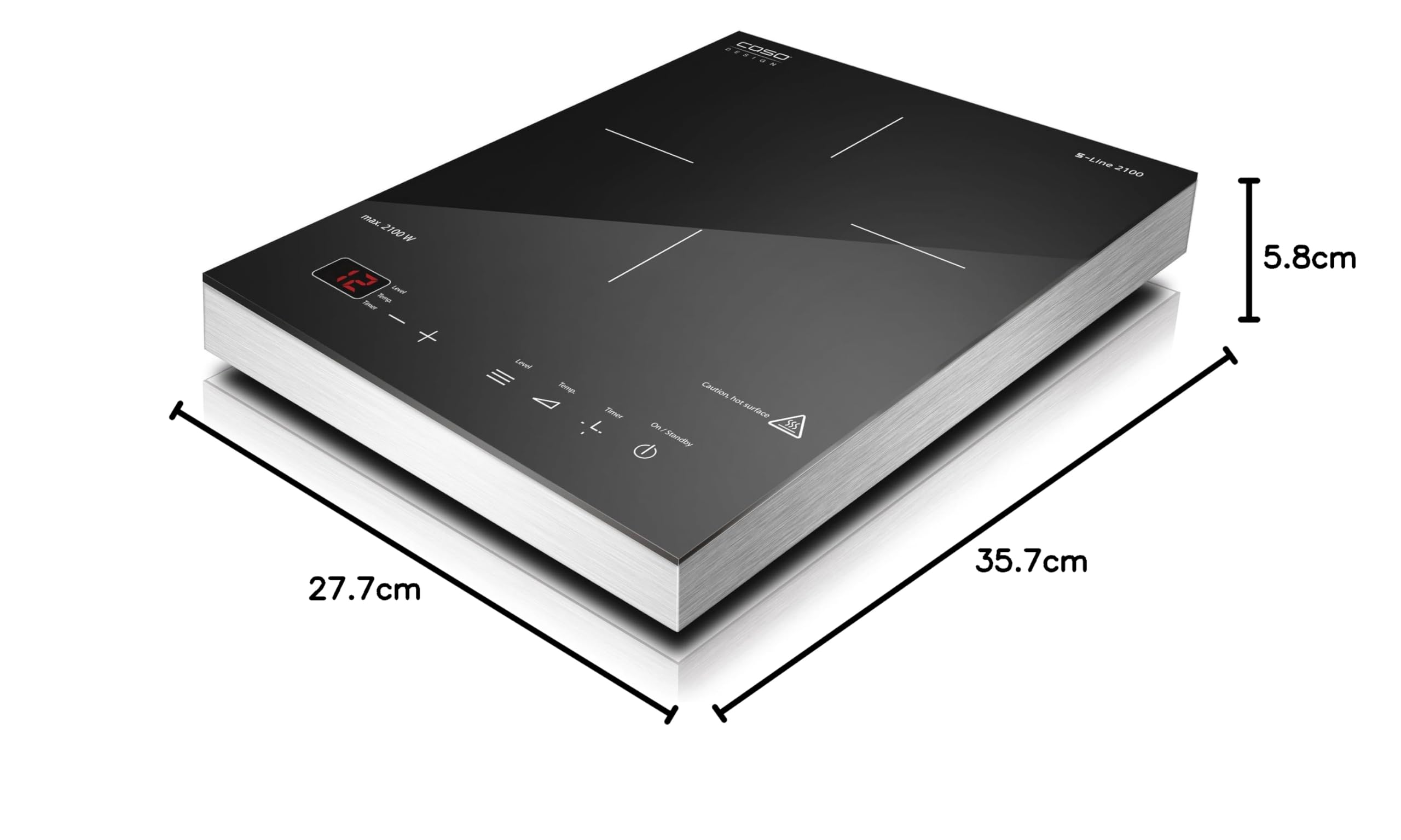CASO S-Line 2100 Induktionskochplatte mobil,Testsieger Haus & Garten Test, präzise SmartControl 60-240°C, Timer bis 180 Min., Töpfe bis 24cm, 2100 Watt, Glaskeramik