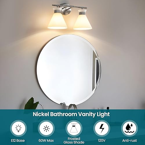 Miniatura 3 de WOSHITU Lámparas de tocador de baño, accesorios de iluminación de baño de níquel cepillado sobre el espejo, 2 luces con pantalla de vidrio