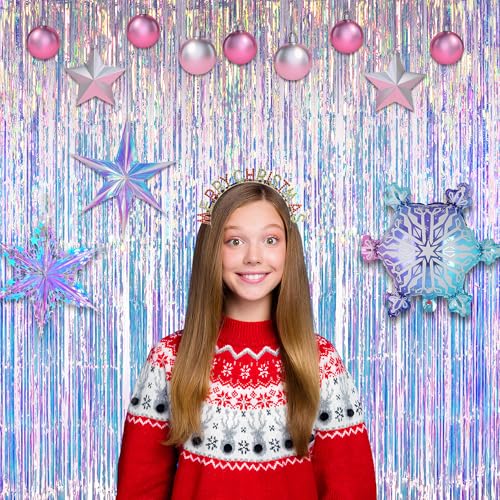 Image of Iridescent Party Streamers Backdrop - GREATRIL Neon Transparent Holographic Tinsel Foil Fringe Curtain for Mermaid /Frozen /Sea /Euphoria /ERAS Party Theme Decorations 3.2ft x 6.5ft 2 PCS