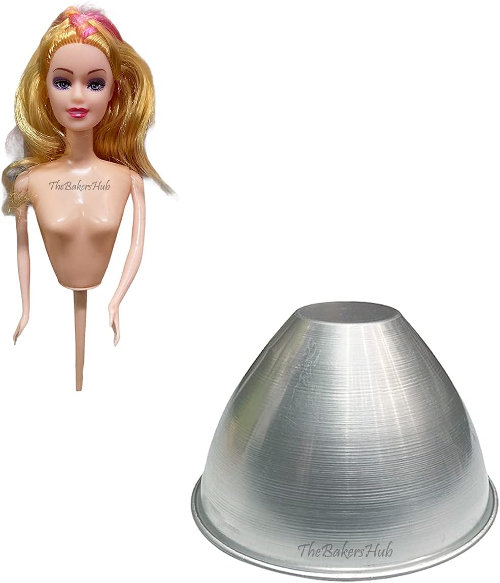 Aluminium Doll Mould Half Kg Bakeware Tin Set with Doll for Cake Golden Hair with Pink Strips for Microwave Oven and OTG Cooker