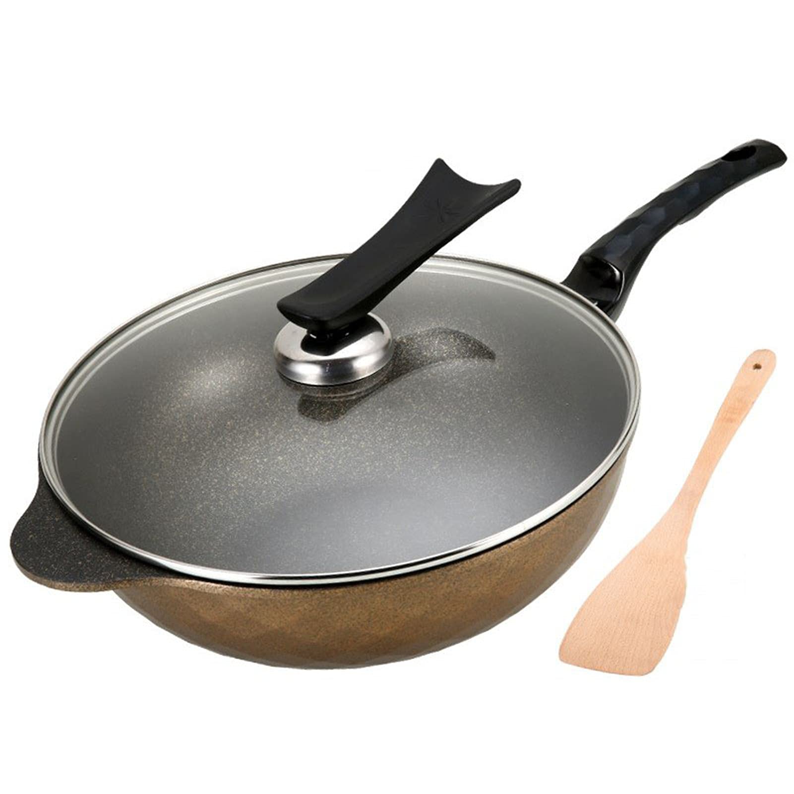 Patelnia woka, nieprzywierająca patelnia indukcyjna z pokrywką, patelnia do mieszania z kutego odlewu aluminiowego, 3-warstwowa powłoka zapobiegająca przywieraniu bez PFOA, granit (złota 32 cm)