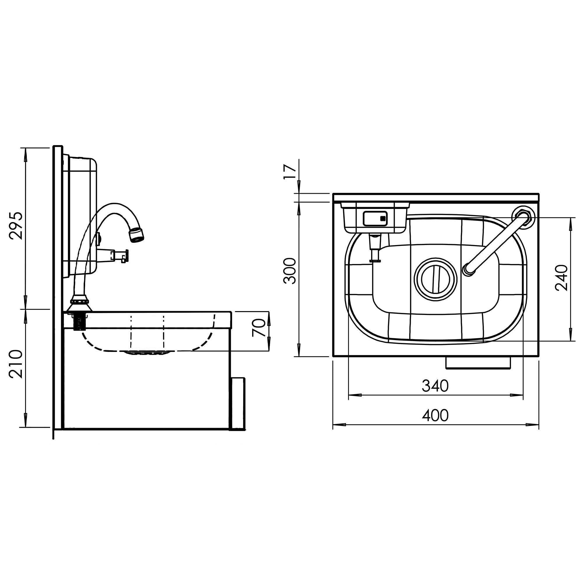 Handwaschbecken - Edelstahl - mit Wasserhahn, Kniebedienung & Seifenspender | Hygienische Kniebedienung, robuster Edelstahl AISI 304, einfache Wandmontage, integrierter Seifenspender, pflegeleicht