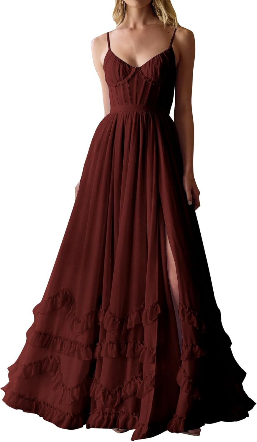 SHSUREVE Floral Print Prom Dresses for Women Ruffle Chiffon Evening Dress Tiered Long Formal Gowns with Slit