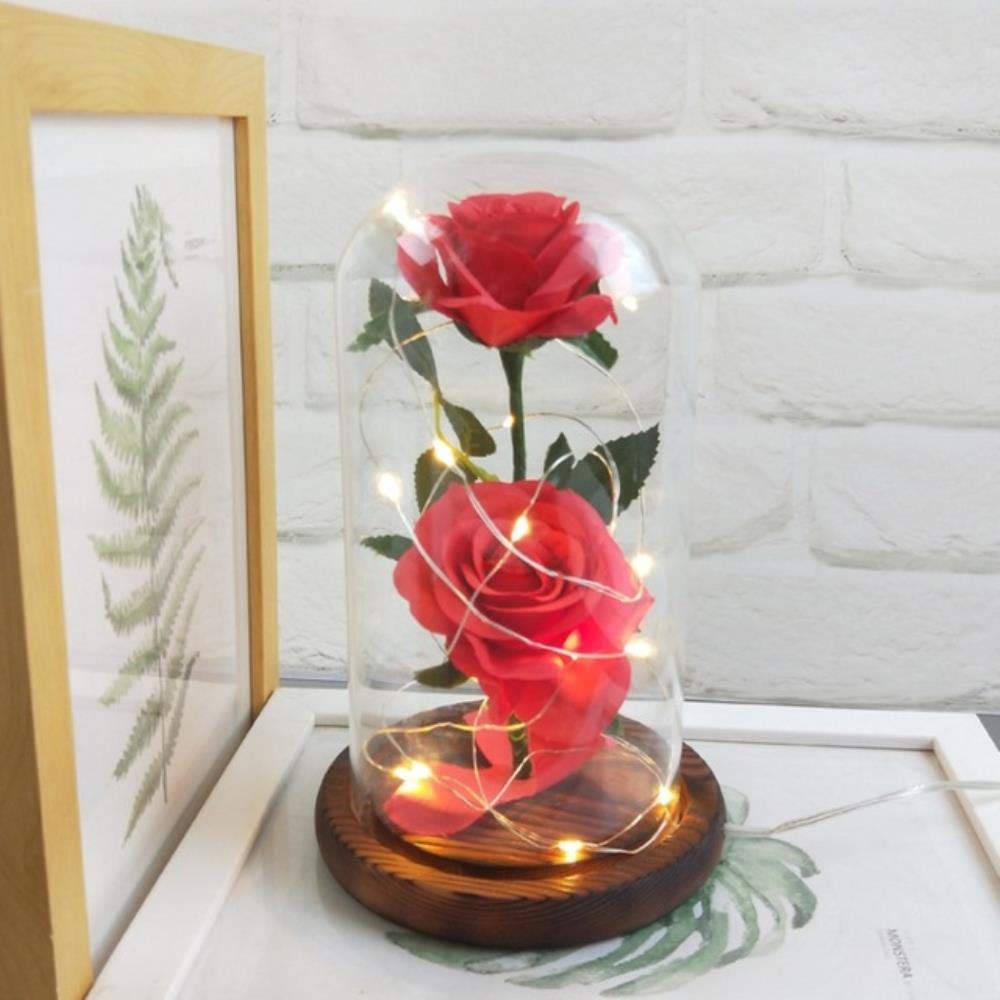 aifengxiandonglingbaihuo Beauty and the Beast Red Rose in a Glass Dome with LED Light and Base for Valentine's, Red,Spain