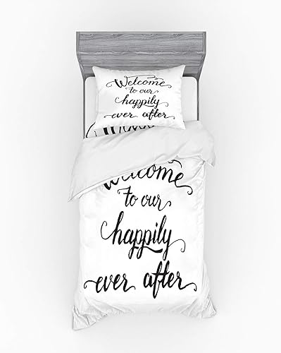 Ambesonne Saying Duvet Cover Set, Vintage Fountain Pen Lettering Wedding Welcome to Our Happily Ever After, 3 Piece Bedding Set with Sham and Fitted