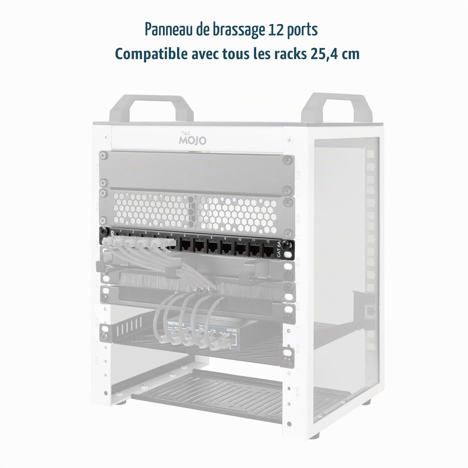 Tecmojo Panneau de Brassage 0,5U 10 Pouces 12 Ports Cat6A, Module de Montage en Rack avec Connecteurs Keystone RJ45, 10 Gigabit Ethernet, Noir