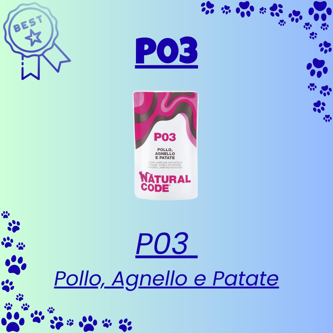 Natural Code - Alimento Húmedo para Gatos en Bolsa, Alimento Complementario para Gatos de Todas Las Tallas y Razas, Sabor Pollo, Cordero y Patatas, 12 Sobres de 70 Gramos Cada una, 12 x 70 g