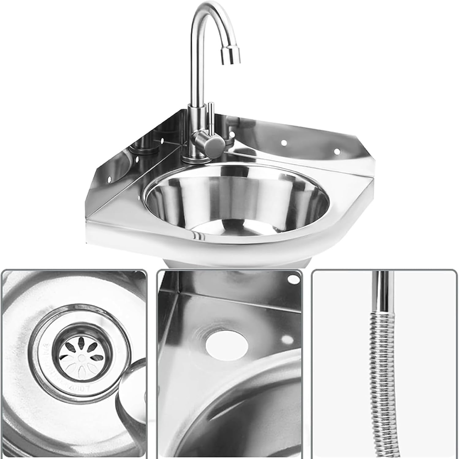 Triangular Wall Mounted Stainless Steel Sink Compact Corner Sink for Rv Caravan Boat Kitchen 26 Cm / 10.2 Inch Space Saving Design,6266
