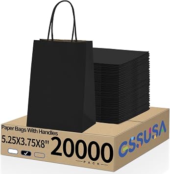 GSSUSA Paper Gift Bags 5.25x3.75x8 Inch 20000 Pack, Valentines Day Gift Wrap Bags with Handles, Black Kraft Paper Bag for Small Business, Heavy Duty Bulk, for Birthday Party Favors, Shopping, Retail
